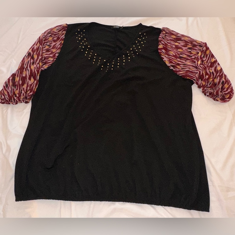V-Neck top with sheer sleeves. Size 3XL